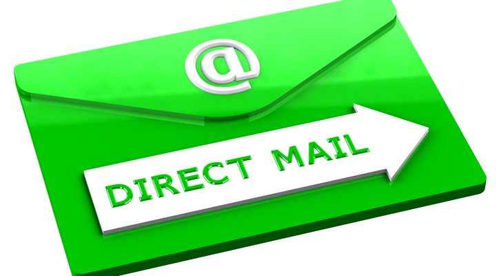 An illustrated image of an envelope. The envelope is bright-green and the words Direct Mail are written in bright-green on a white arrow that points to the right.