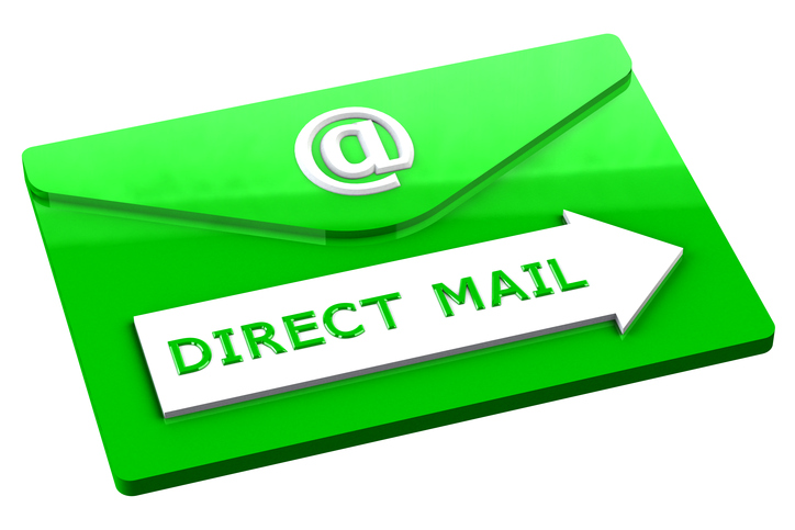 An illustrated image of an envelope. The envelope is bright-green and the words Direct Mail are written in bright-green on a white arrow that points to the right.