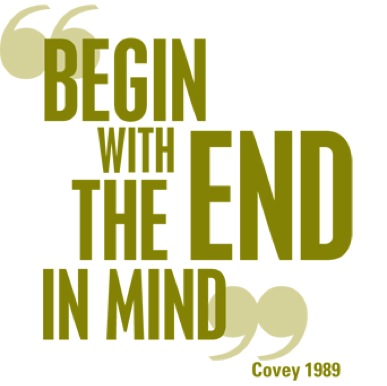 The words “Begin with the end in mind” are written in all capitalized, chartreuse lettering.