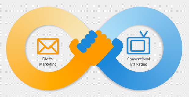 An orange arm and a blue arm wrap around to connect in the center, forming an infinity symbol around an envelope symbolizing digital marketing and a TV symbolizing conventional marketing. 