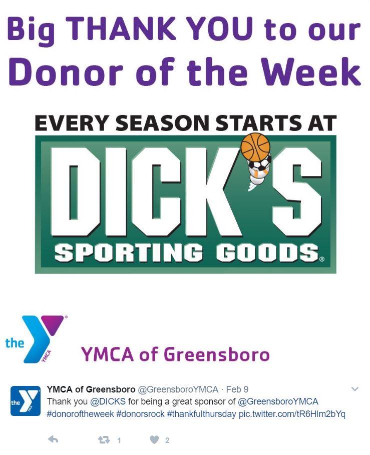 A tweet by the YMCA of Greensboro contains the Dick’s Sporting Goods logo and thanks the company for being the Donor of the Week. 