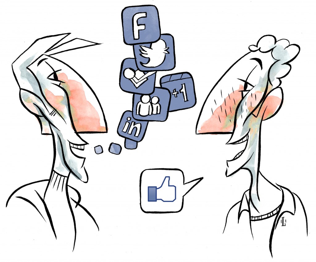 An illustration shows two men talking, one with several different social media icons in his speech bubble and the other with Facebook’s “like” icon in his. 