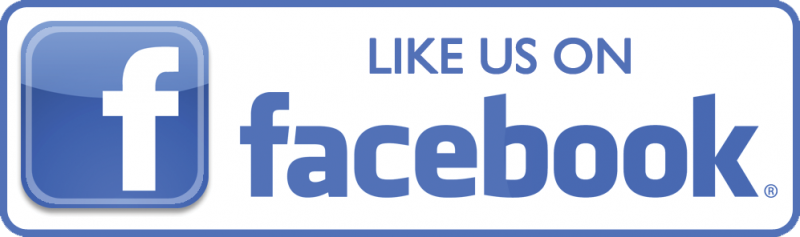 A blue rectangle with rounded edges surround the Facebook logo and the words “Like us on Facebook”.