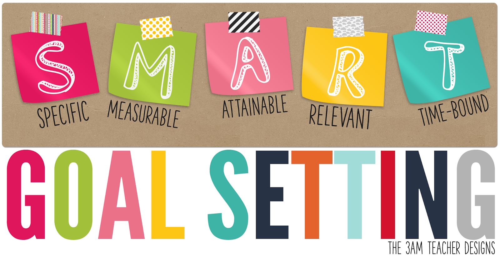 The words “Goal Setting” are written in colorful letters beneath an anagram of the word “smart”, in which each letter is written in white on a colorful square and taped to a brown board. 