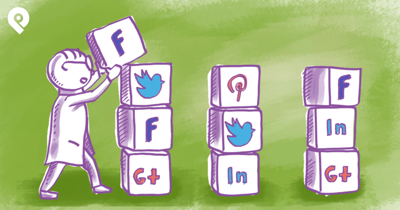 An illustration shows a man stacking blocks, which each contain a different logo for a social media platform. 