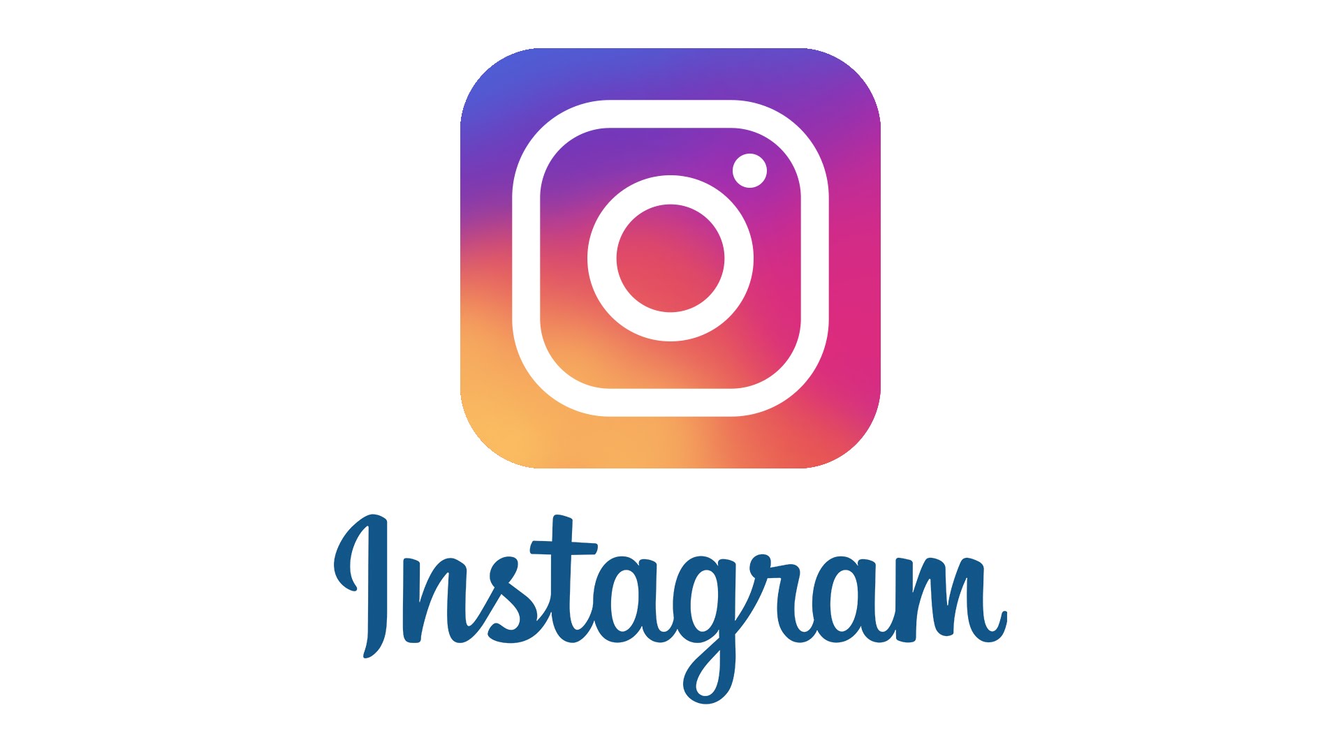 “Instagram” is written in cursive script beneath the white outline of a camera in the middle of a colorful square that makes up the Instagram logo.