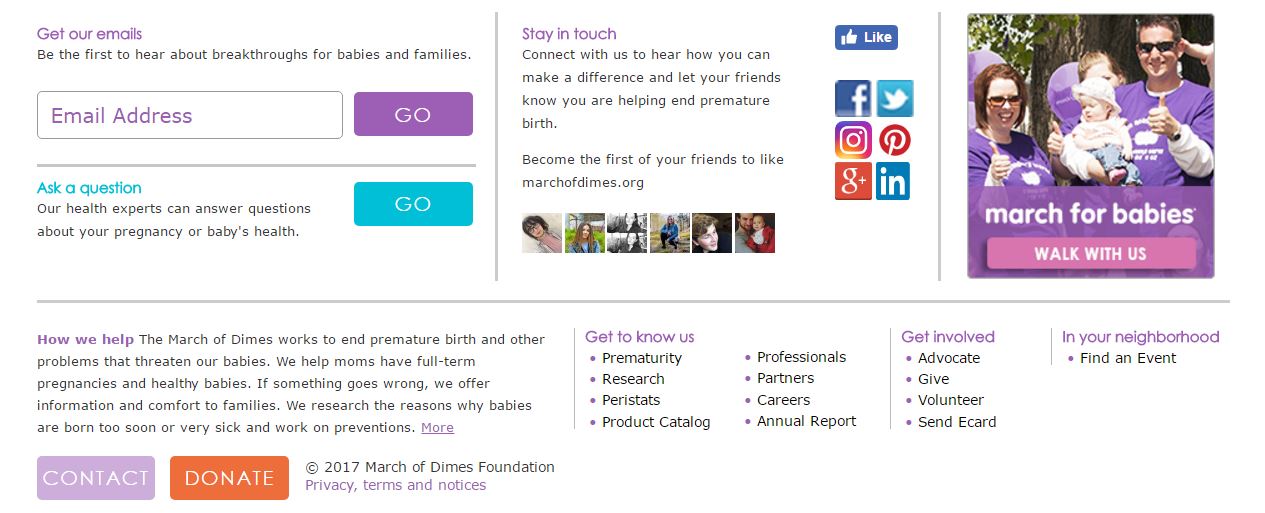 A screenshot of the footer on the March of Dimes website shows all the different social media platforms on which people can connect and gives options to donate and sign up for their email list. 