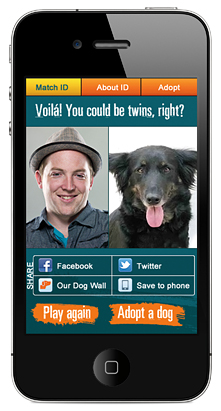 A smartphone displays a picture of a man and a dog side-by-side, deeming them a perfect match. 