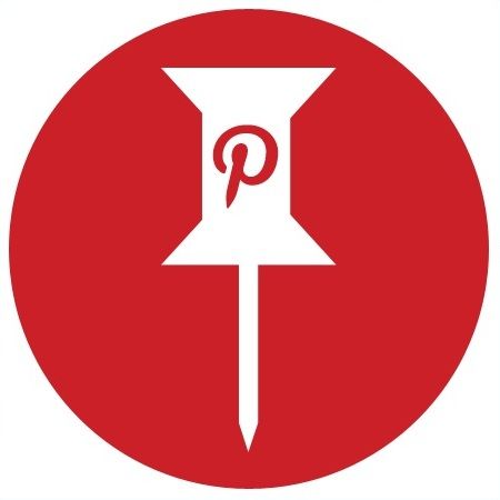 A red circle contains the white silhouette of a thumbtack that contains a red “P” written in the Pinterest font. 