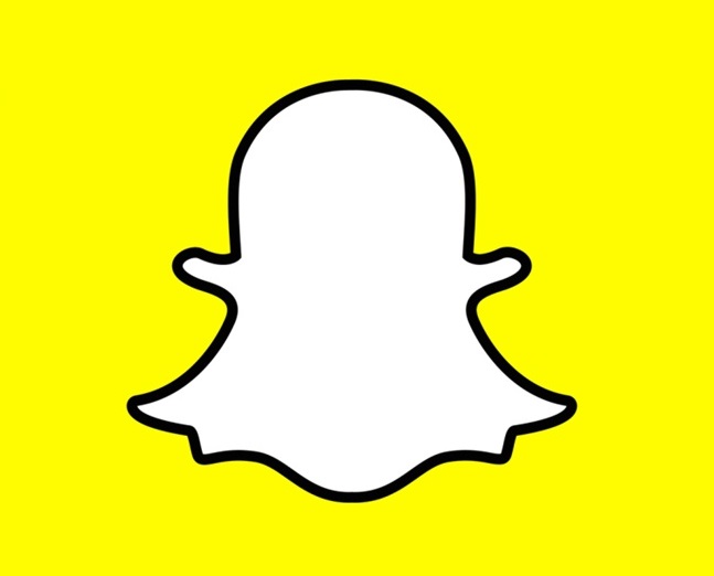 The white Snapchat ghost is outlined in black in the middle of a bright yellow background. 