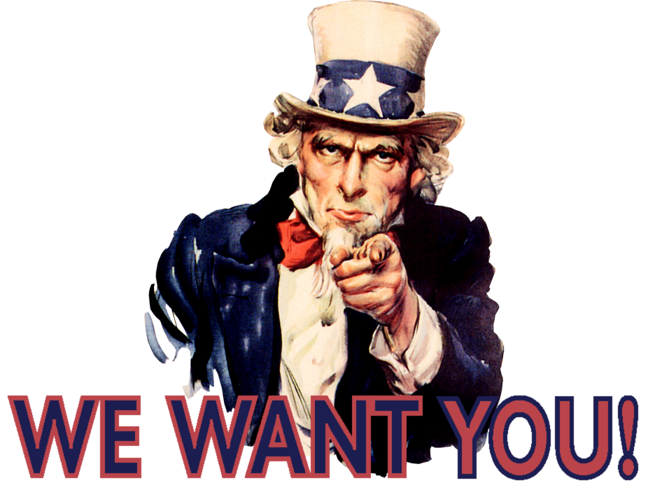 The words “We want you!” are written in all caps beneath the traditional rendition of Uncle Sam pointing his finger.