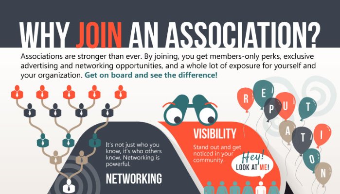 A graphic answers the question “Why join an association?” through several colorful charts and images. 