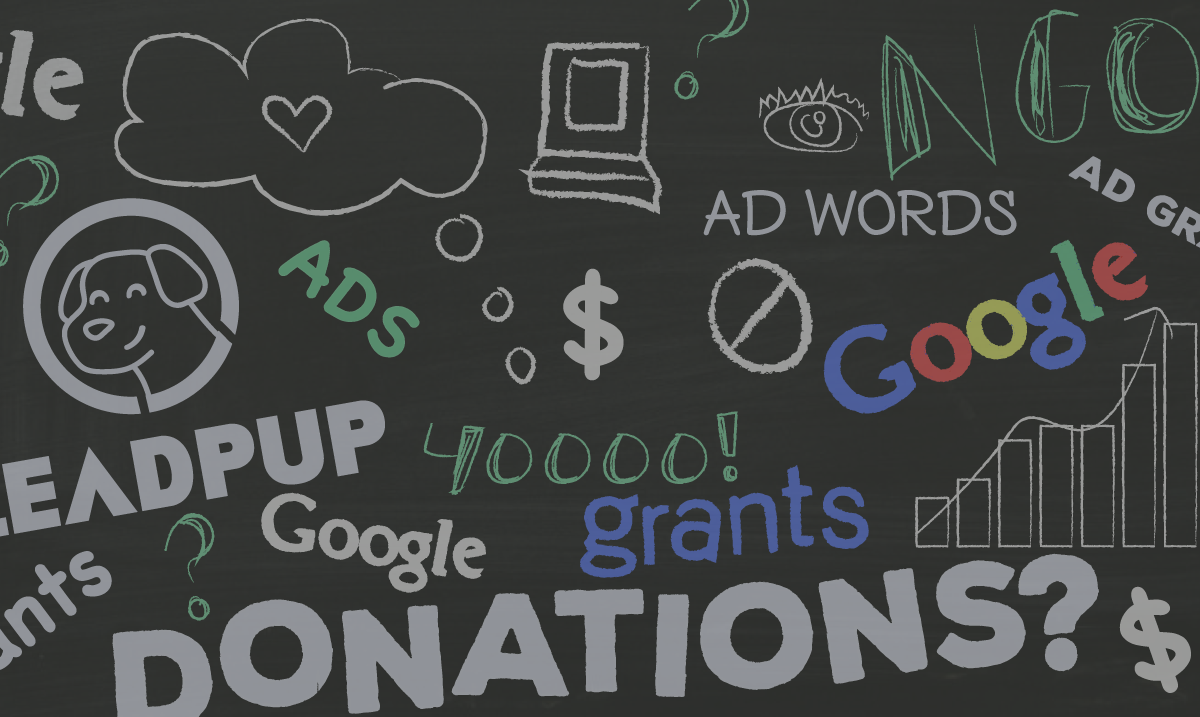 A chalkboard is full of different words and doodles all relating to the Google Ad Grants and GrantsPro programs. 
