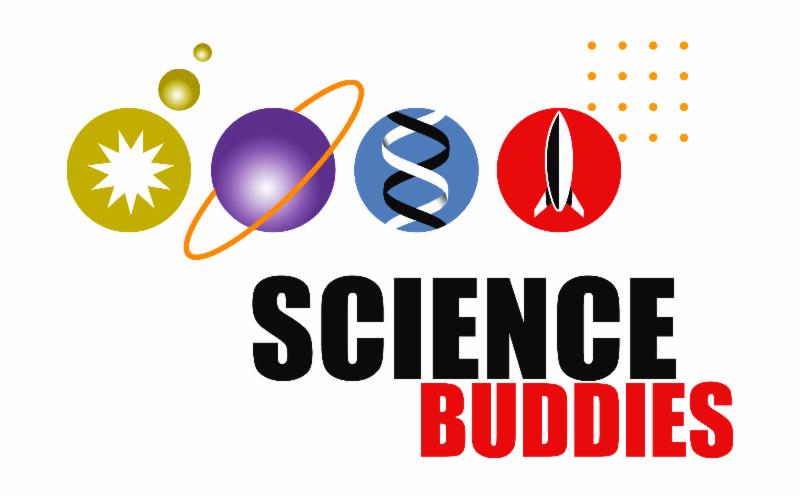 Four circles containing a star, planet, DNA strand, and spaceship sit above the words “Science Buddies” in bold black and red lettering to make up the charity’s logo. 